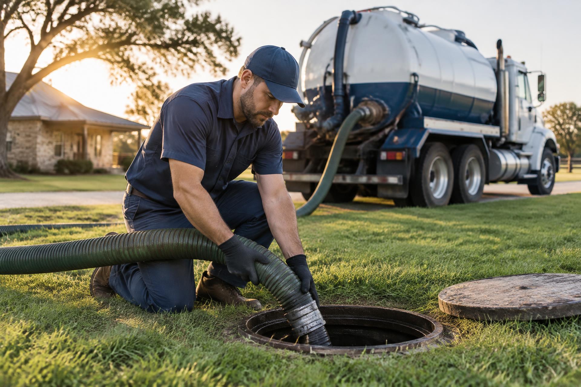 Jackson's Septic technician connecting a hose at a residential septic lid with a service truck nearby